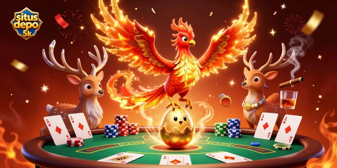 Engage in situs depo 5k with a vibrant 3D casino scene featuring phoenix characters and poker elements.