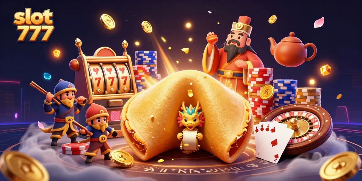 Engage with slot 777 in a vibrant casino scene of fortune cookies and golden treasures.