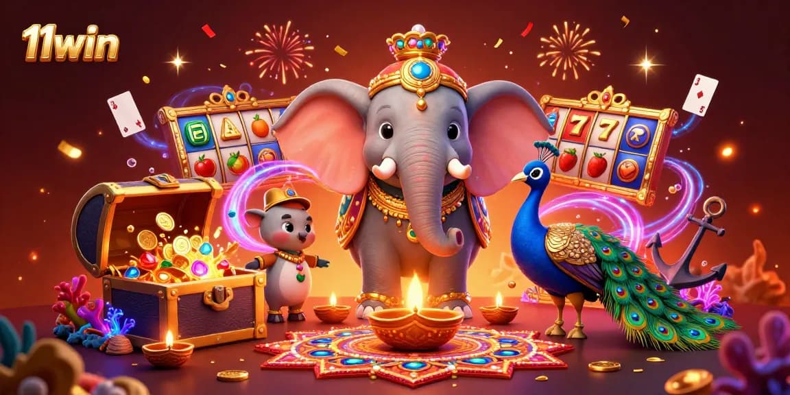 Spin and win with 11win's vibrant slots featuring a colorful elephant and festive elements.