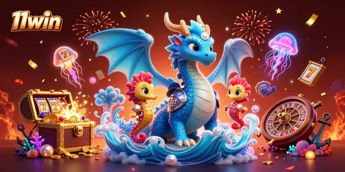 Win big with 11win in a captivating 3D casino illustration showcasing vibrant slot reels and joyful characters.