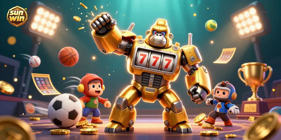 Win with sun win featuring dynamic sports elements and a golden gorilla mech champion.