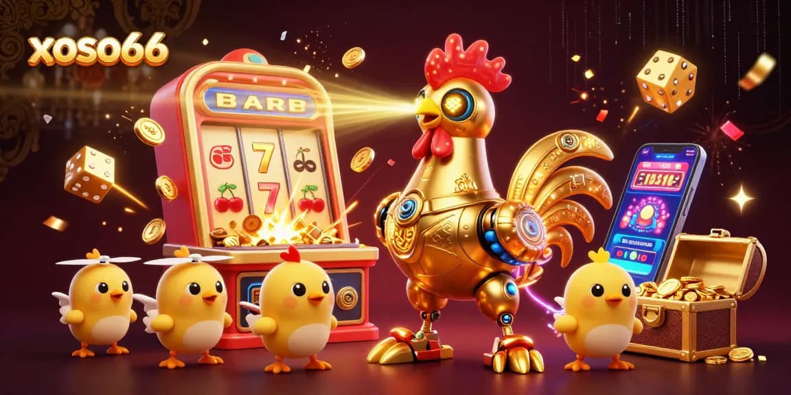 Experience the excitement of xoso66 with a dynamic jackpot scene featuring a golden rooster robot and vibrant game elements.