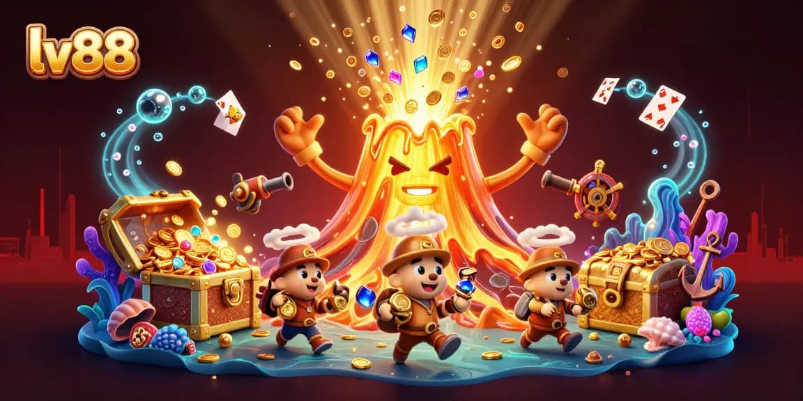 Win big with lv88 at an exciting online casino, showcasing a golden volcano erupting treasures and fun characters.