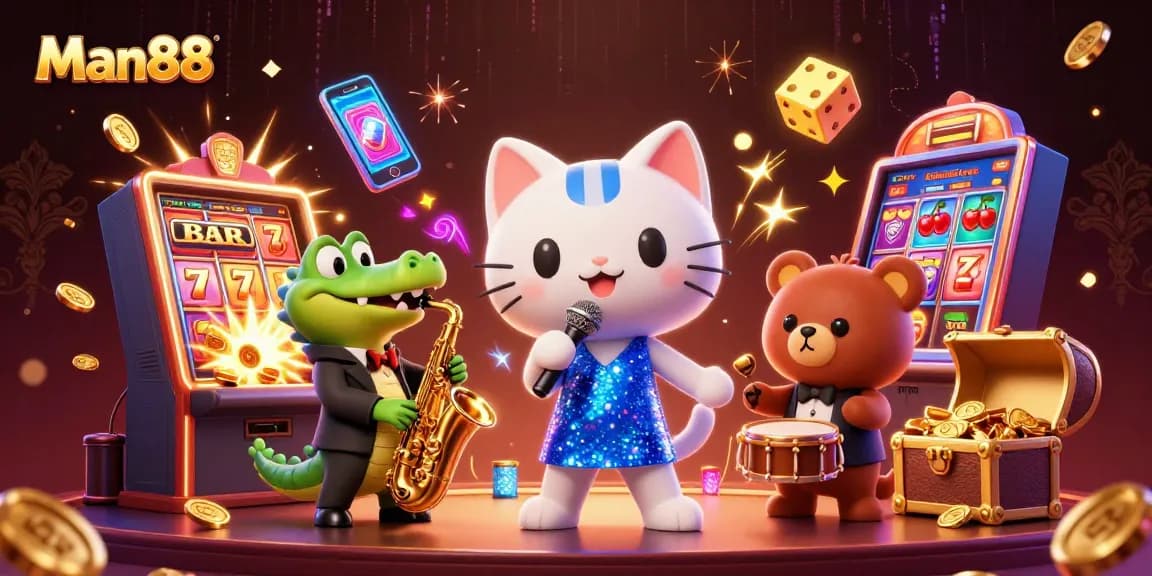 Experience the excitement of Man88 with a vibrant casino scene featuring a jazzy cat, croc, and bear.