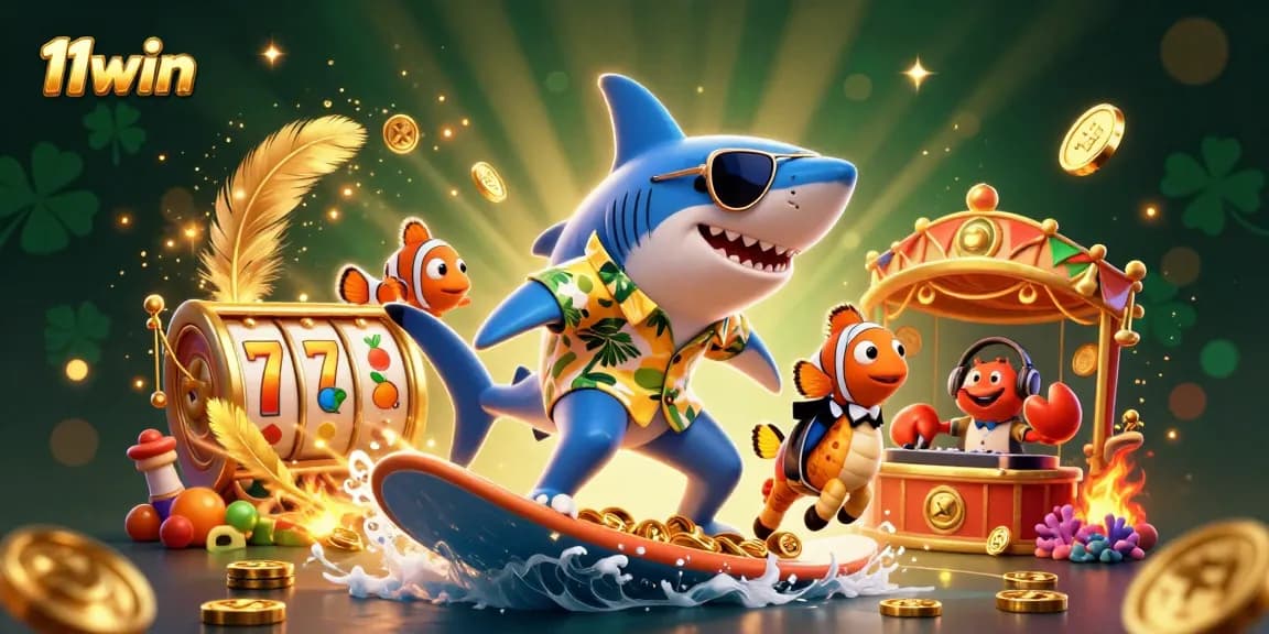 Engage with 11win by winning big alongside a surfing shark, lucky symbols, and vibrant casino atmosphere.