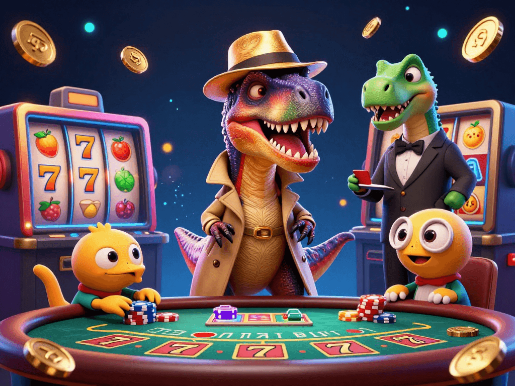 Hitclub velociraptor card counter evading suspicion at a blackjack table amidst dynamic casino elements.