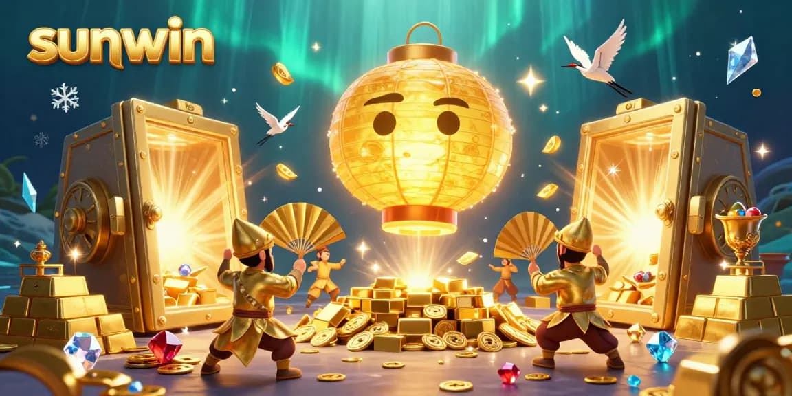 Experience the vibrant energy of sunwin casino with a glowing lantern spirit and treasure in this immersive 3D illustration.