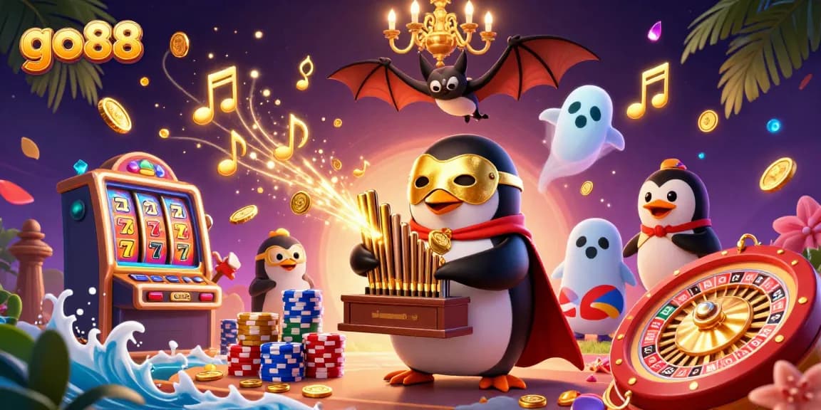Join the fun at go88 with a vibrant 3D scene featuring a phantom penguin and casino elements!