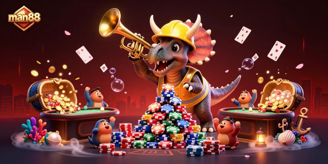 Experience thrilling poker action with man88’s vibrant 3D casino illustration featuring playful dinosaurs and stunning game elements.