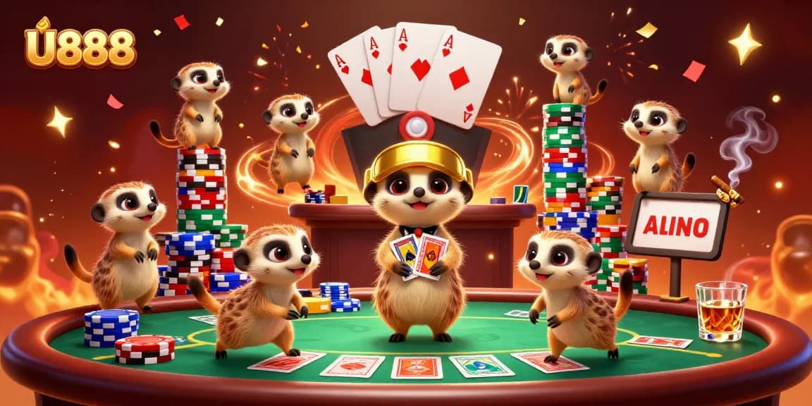 Experience the lively U888 casino with a meerkat pit boss and card dealers in a colorful scene.