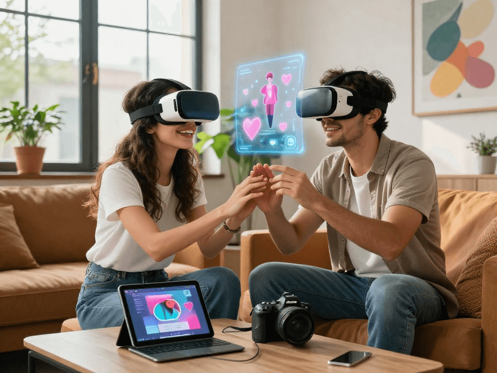 Couple exploring AI sex technology through virtual reality in a modern urban setting.