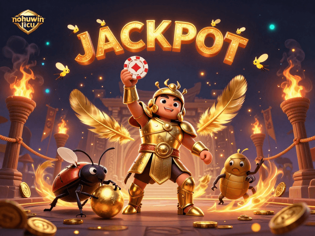 Experience thrilling jackpot action at nohuwin icu with a victorious beetle champion lifting a poker chip.