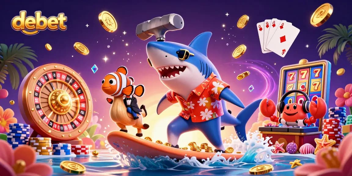 Experience thrilling debet gaming action with a shark surfer, tuxedo clownfish, and DJ crab in a vibrant casino scene.