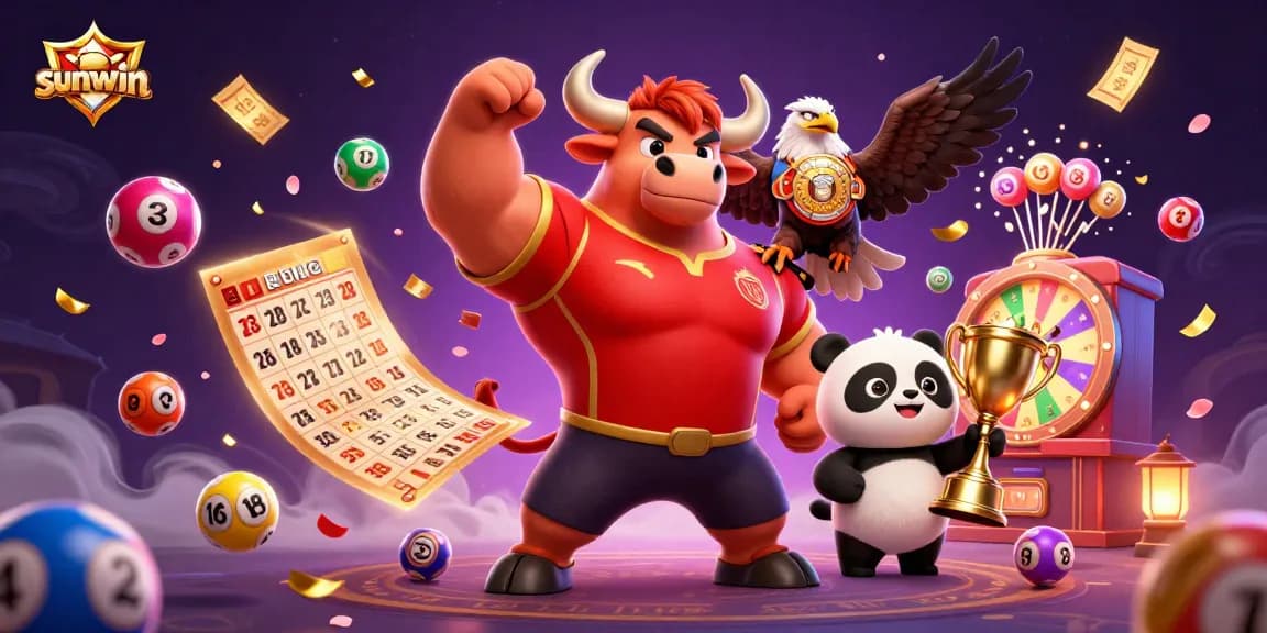 Sunwin showcases a victorious bull mascot amidst colorful lottery balls, highlighting fun gameplay.