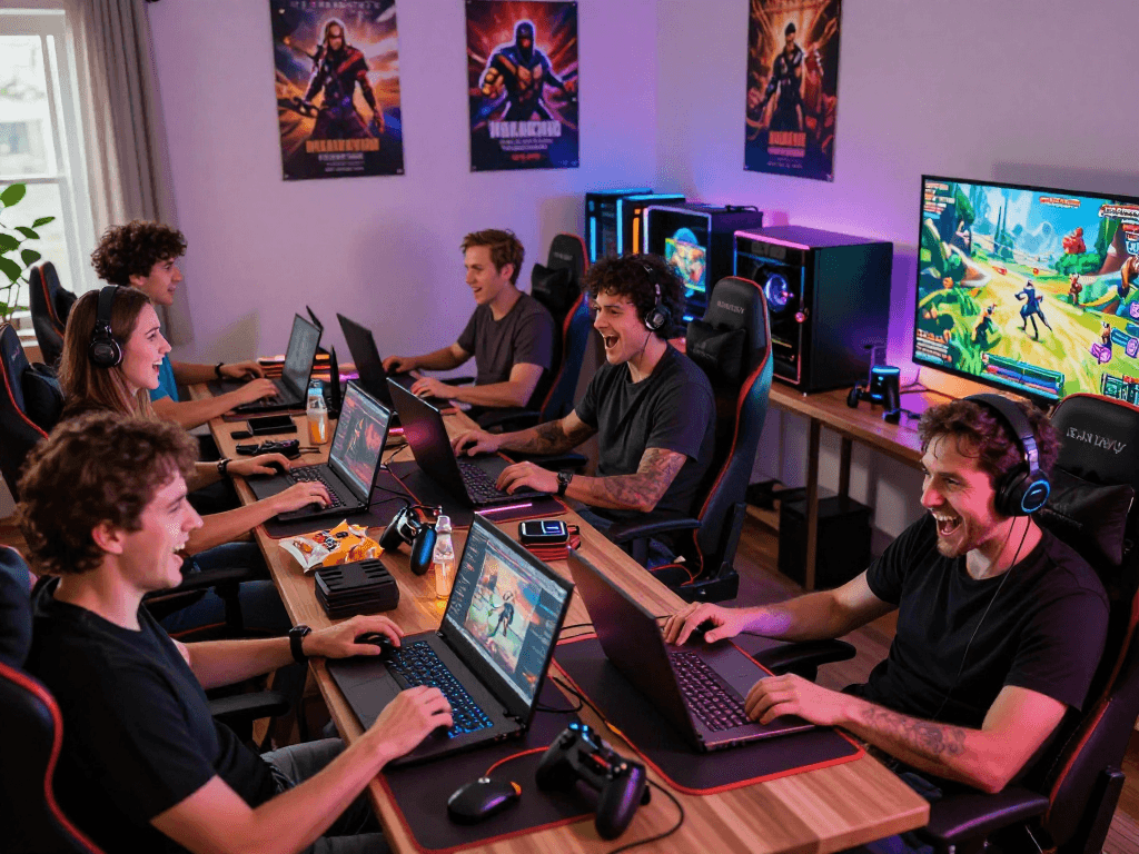 Exciting scene of adults playing porn games in a vibrant gaming setup with colorful LED lights and modern accessories