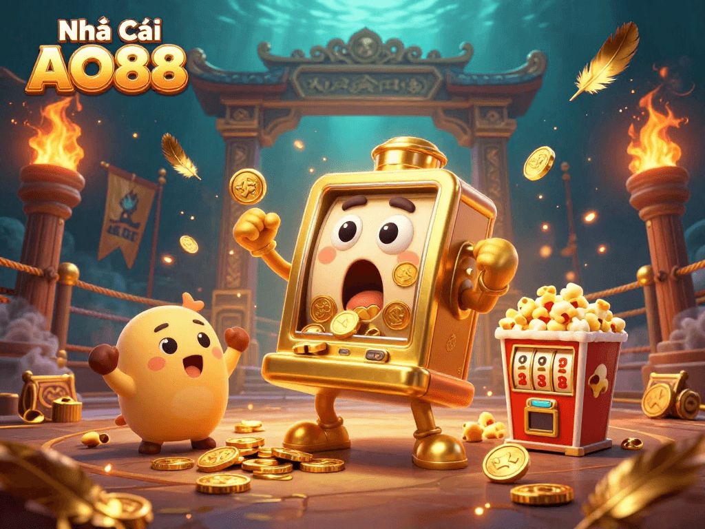 Watch the golden slot machine at Nhà Cái AO88 win its jackpot amid cheers and coins raining down.