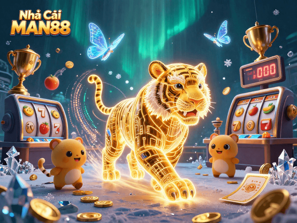 Play thrilling games at Nhà Cái MAN88 with vibrant, dynamic scenes of slot machines and energetic casino action.