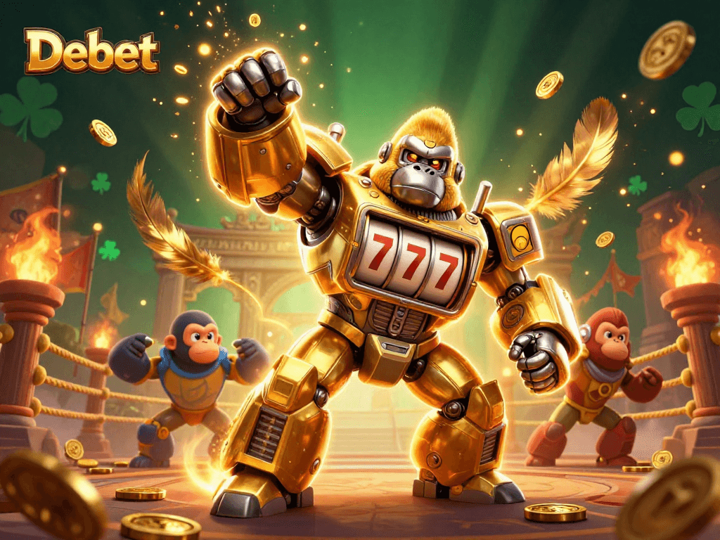 Debet's 3D illustration features a golden gorilla mech and gameplay elements, capturing the excitement of casino action.