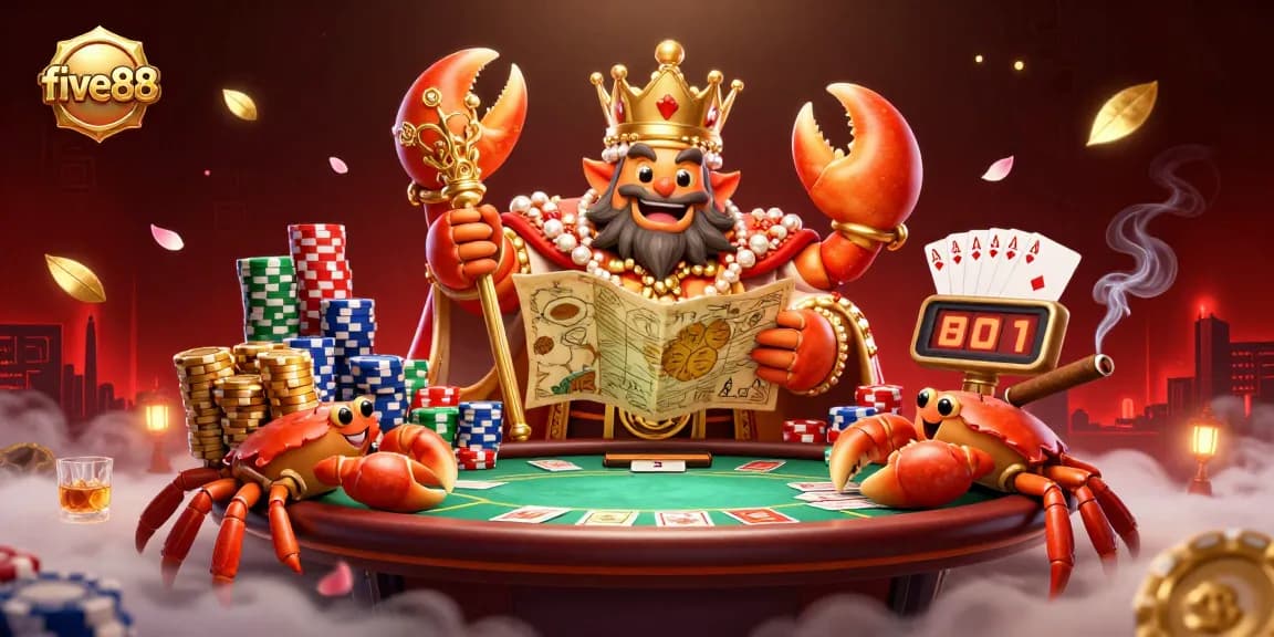 Experience the excitement of five88 casino with a golden crab emperor and rich poker elements.