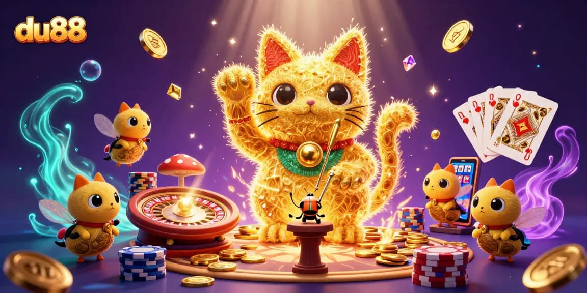 Experience gaming excitement at du88 with a lucky cat, fireflies, and dynamic casino symbols.