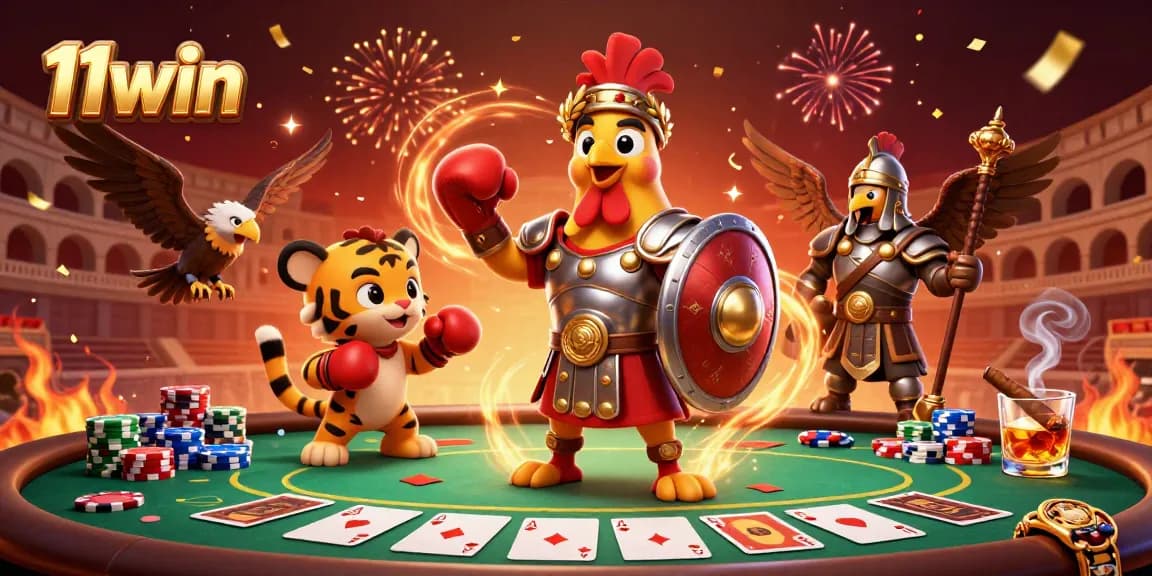 Experience thrilling gameplay at 11win with a vibrant scene of a rooster and tiger cub handling poker.