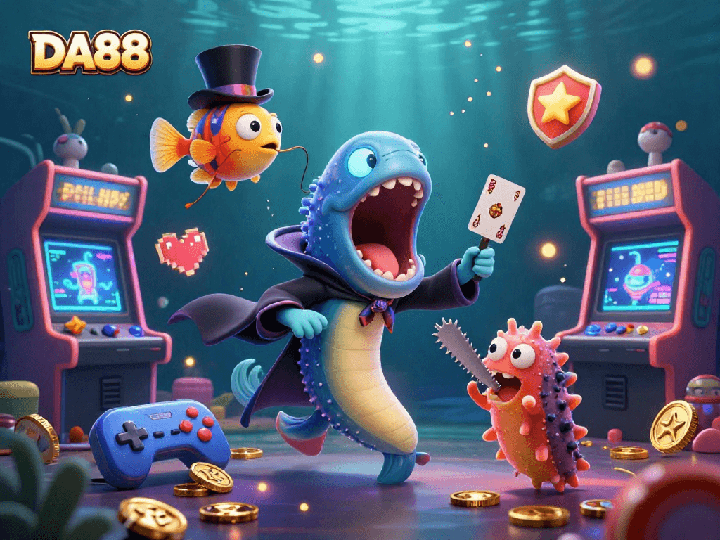 Experience DA88 with vibrant underwater magic featuring a glowing eel, an anglerfish, and a sea cucumber.