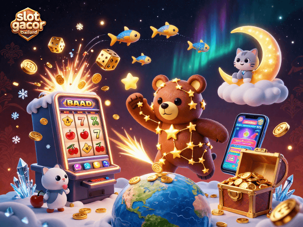 Experience slot gacor thailand with a magical scene of bears, coins, and vibrant casino elements.
