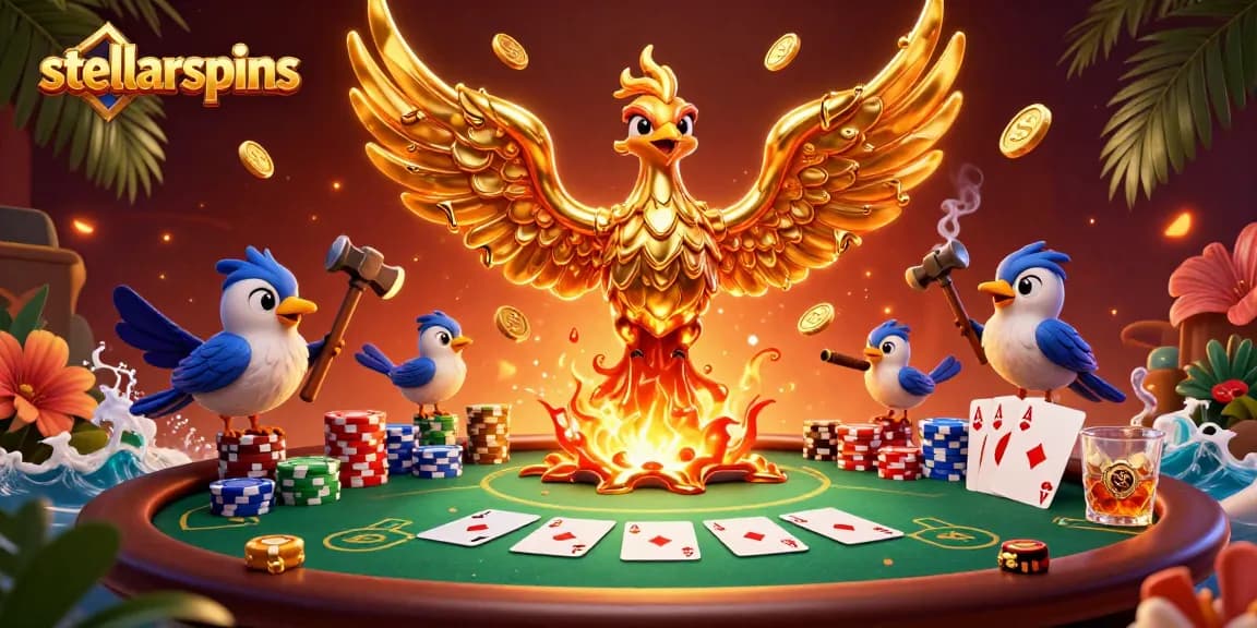 Experience stellarspins excitement with a golden phoenix, poker elements, and vibrant casino features.