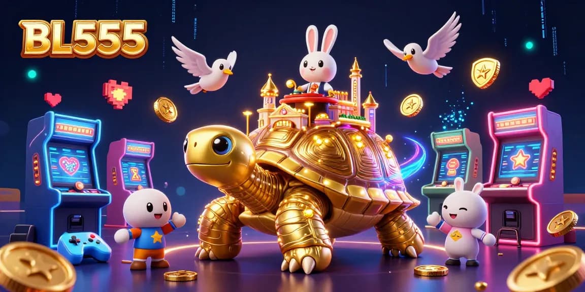 Experience the thrill of gambling with BL555's vibrant casino scene featuring colorful game characters and a lively atmosphere.