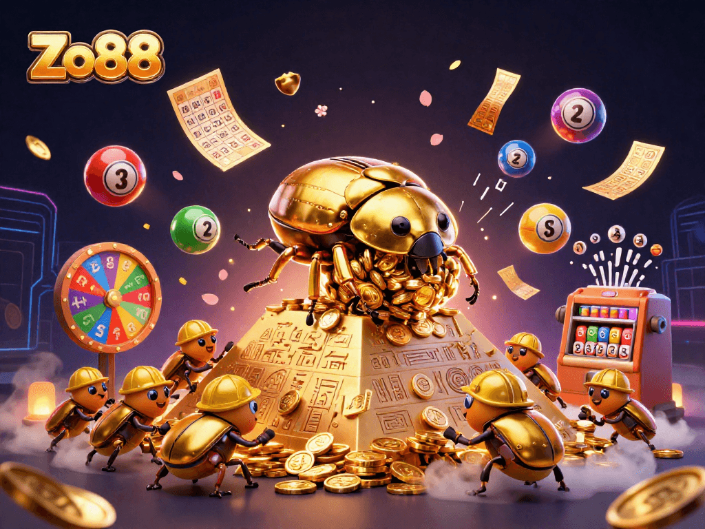 Experience thrilling wins with Zo88's massive golden dung beetle and casino symbols in action.