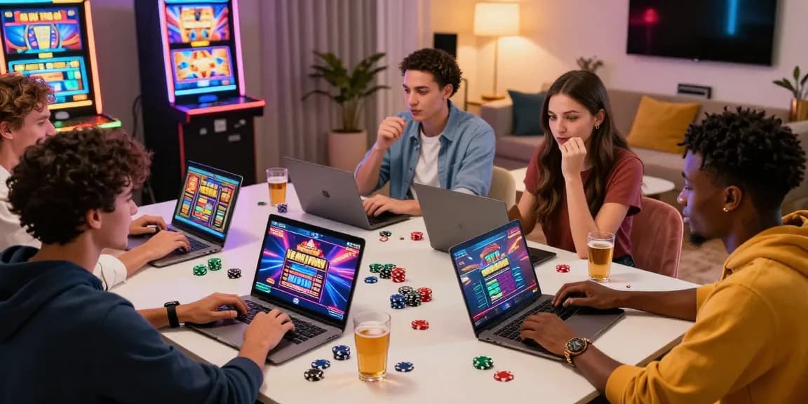 Friends enjoying the best online casinos experience on laptops in a vibrant living room setting.