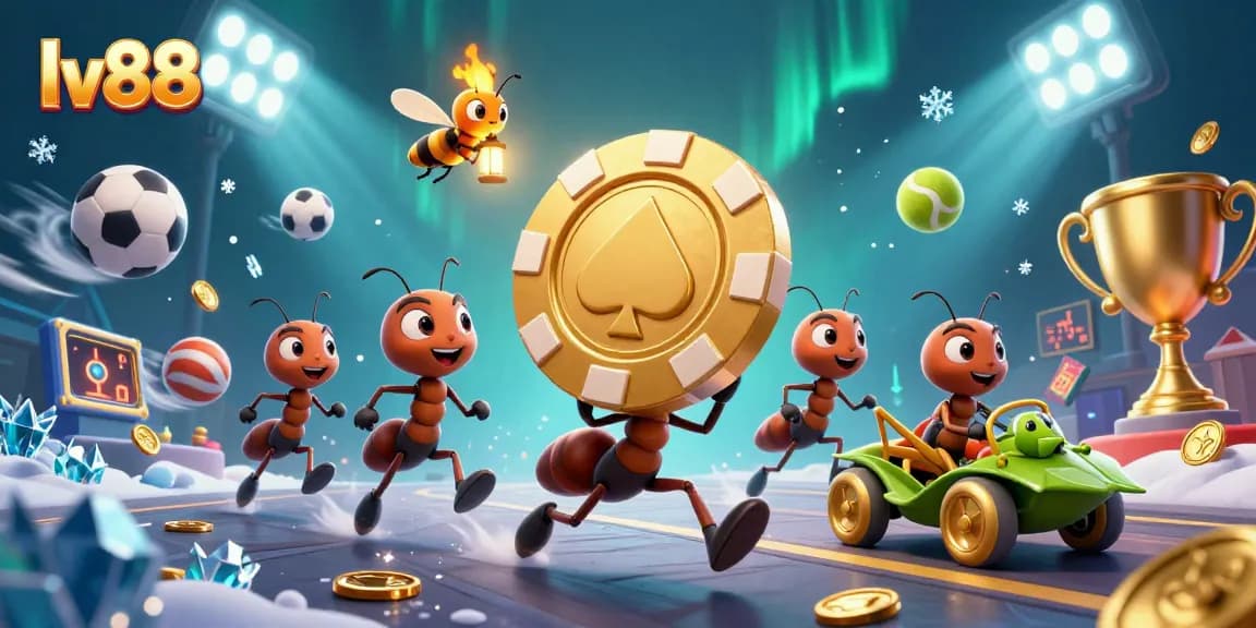 Experience the exciting world of lv88 with ants planning a heist for a giant poker chip in a vibrant casino scene.