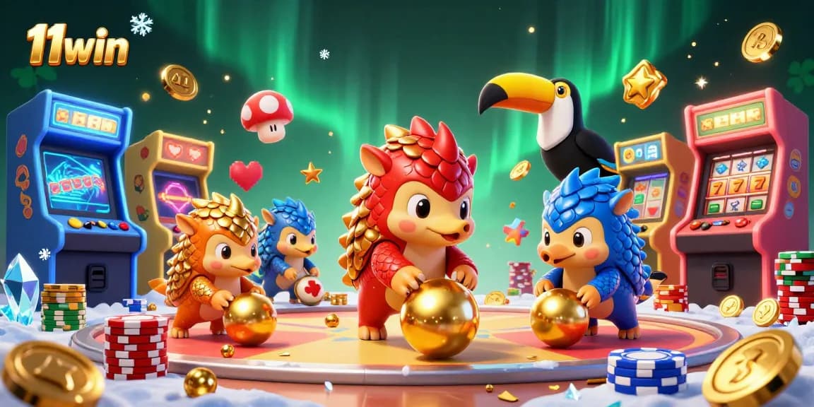 11win pangolins battle through poker chips in a vibrant casino-themed 3D scene.