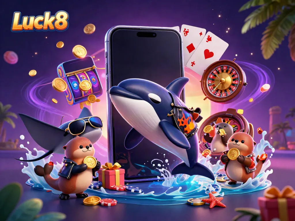Luck8 features an orca in a leather jacket with coins and game elements in a vibrant casino-themed scene.