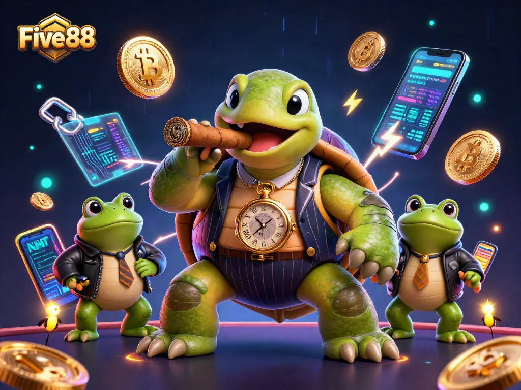 Experience Five 88 with the massive snapping turtle mobster and bullfrog enforcers amidst glowing crypto elements.