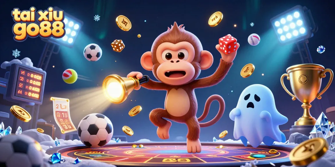 Engage in thrilling gameplay with tai xiu go88 as a poltergeist monkey juggles coins and cards in a haunted casino.