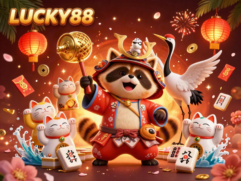 LUCKY88 showcases a vibrant casino scene with a cheerful tanuki, maneki-neko cats, and festive decorations, enhancing gambling excitement.