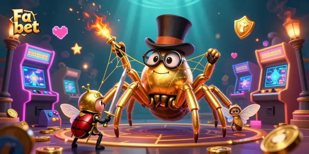 Engage with Fa bet in a dynamic gaming scene featuring whimsical characters and vibrant casino elements.