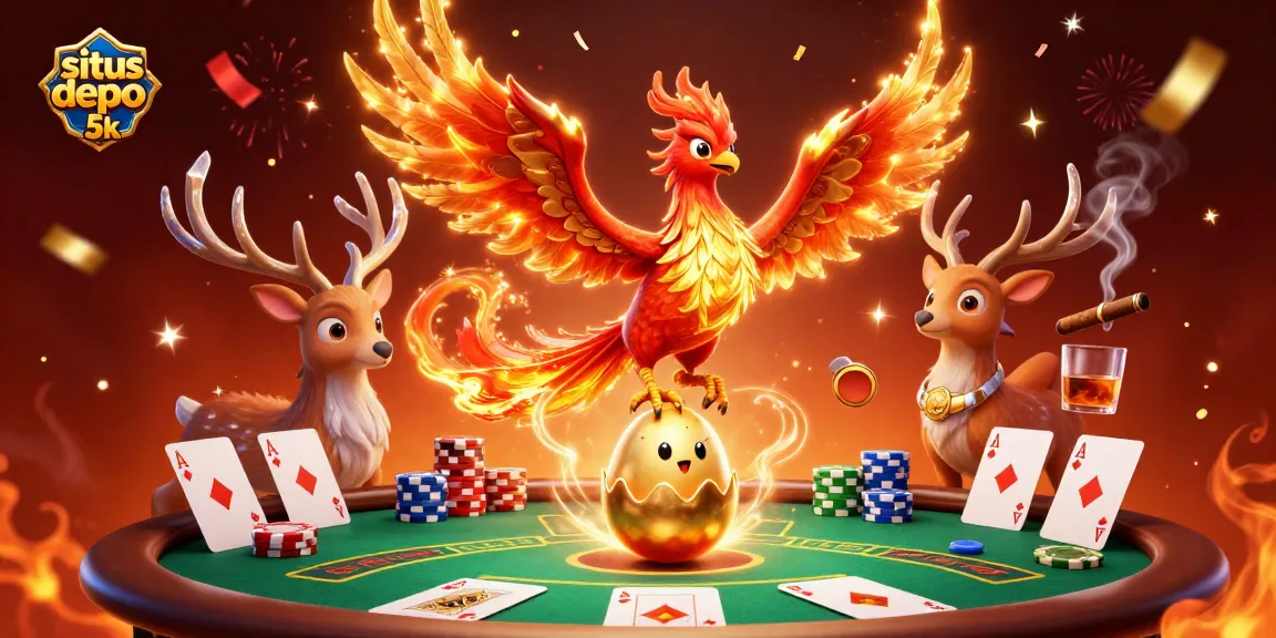 Engage in situs depo 5k with a vibrant 3D casino scene featuring phoenix characters and poker elements.