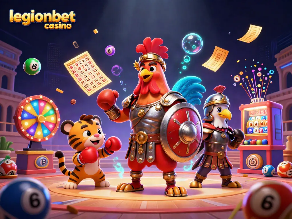 Win big at legionbet casino with a fun-filled 3D scene showcasing exciting casino elements.