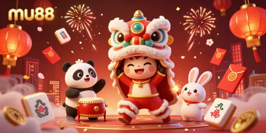 Experience the vibrant celebration of mu88 casino with a fusion of 3D lion dance, lucky symbols, and fireworks.