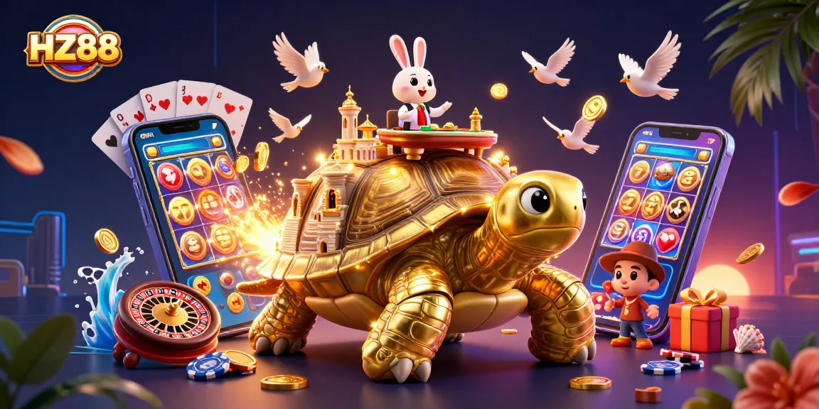 Experience thrilling gameplay at HZ88 with a dynamic casino scene featuring a golden tortoise and a rabbit dealer.
