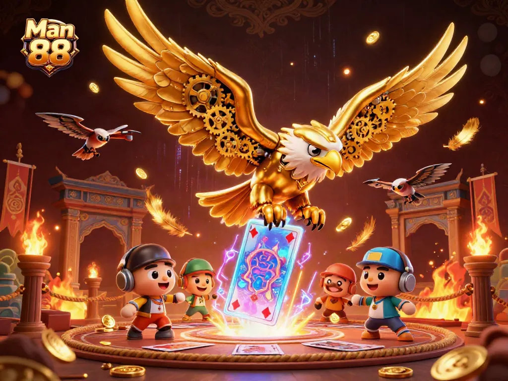 Dive into action at Man 88 with holographic cards and a majestic eagle in a vibrant casino scene.