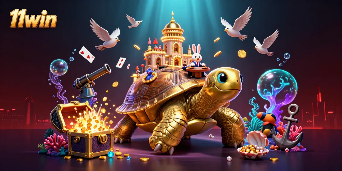 Experience excitement with 11win's vibrant casino scene featuring a sparkling 3D gold tortoise.