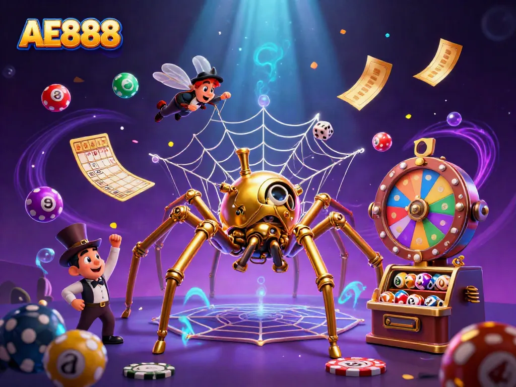 Experience the thrill of AE888 as a steampunk spider catches dice in a web of fortune among dynamic casino elements.