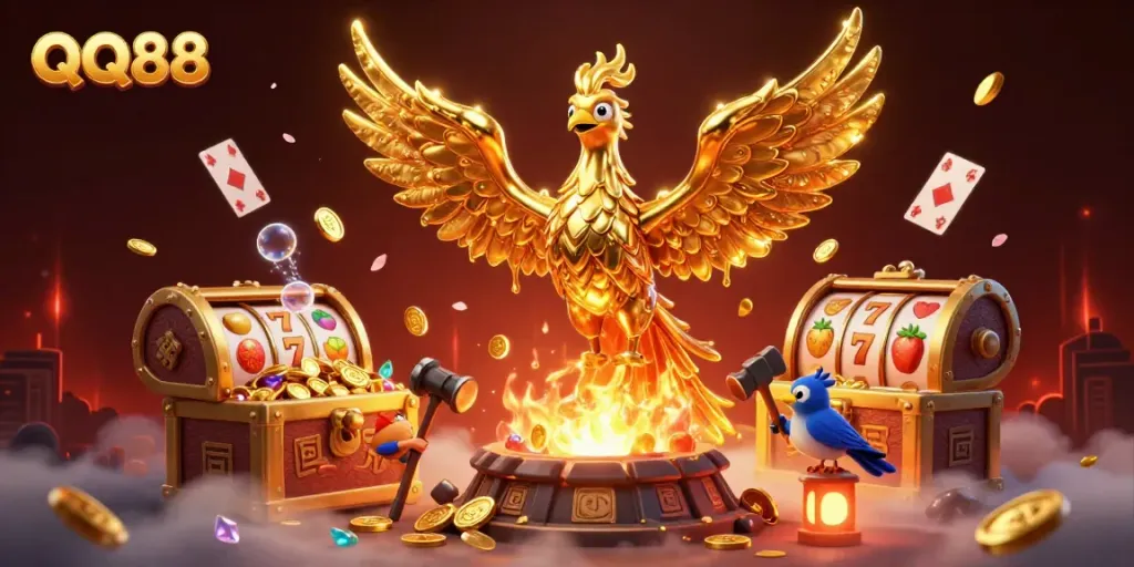 Experience excitement with QQ88's molten golden phoenix and overflowing treasure in this vibrant casino-themed illustration.