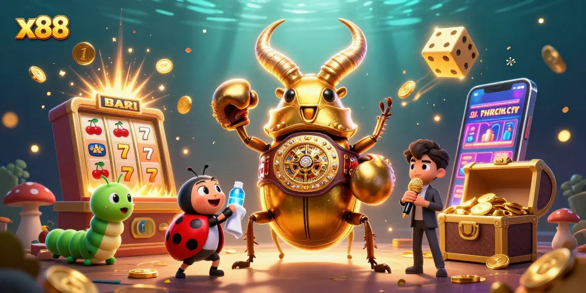 x88 casino excitement illustrated by a golden stag beetle champion with colorful jackpot elements