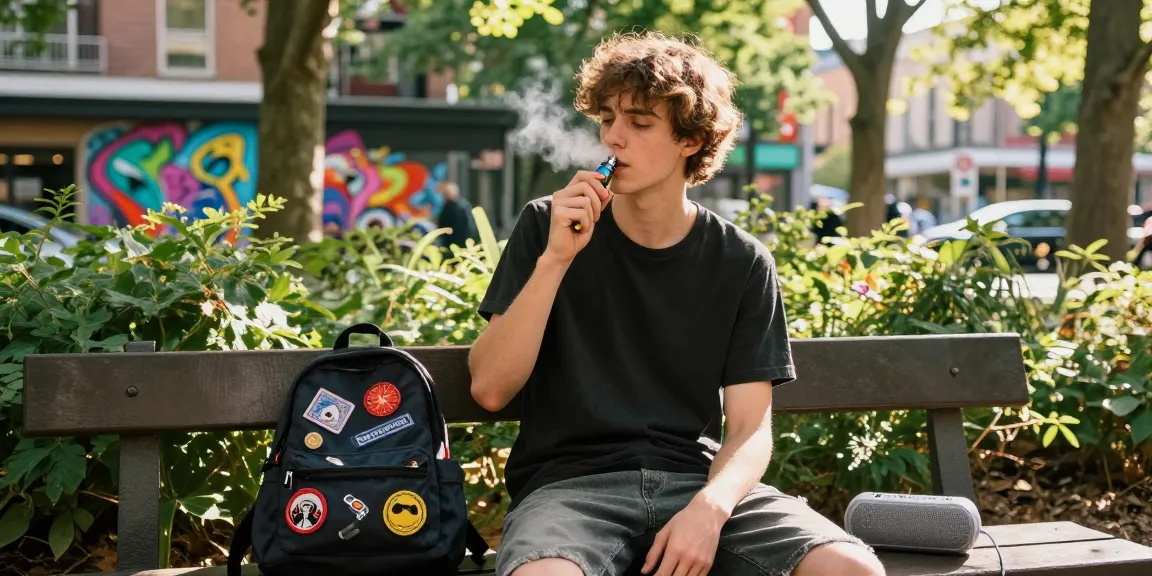 Youthful individual enjoying weed vapes in a sunny urban park.
