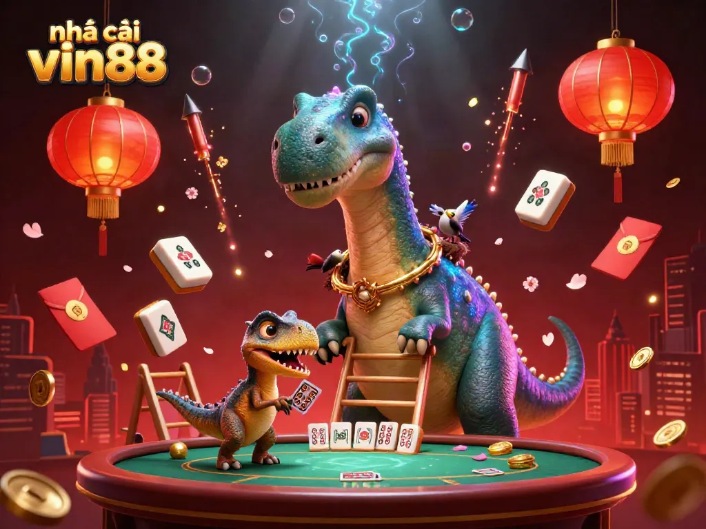 Experience the thrill at nhà cái vin88 with a vibrant casino scene featuring a towering brontosaurus, clever raptor dealer, and 3D gaming elements.