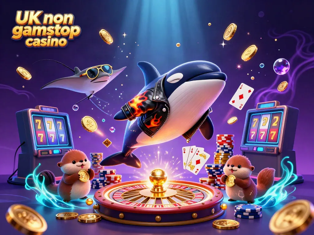 Animated scene depicting a UK non gamstop casino with playful characters and vibrant casino elements.